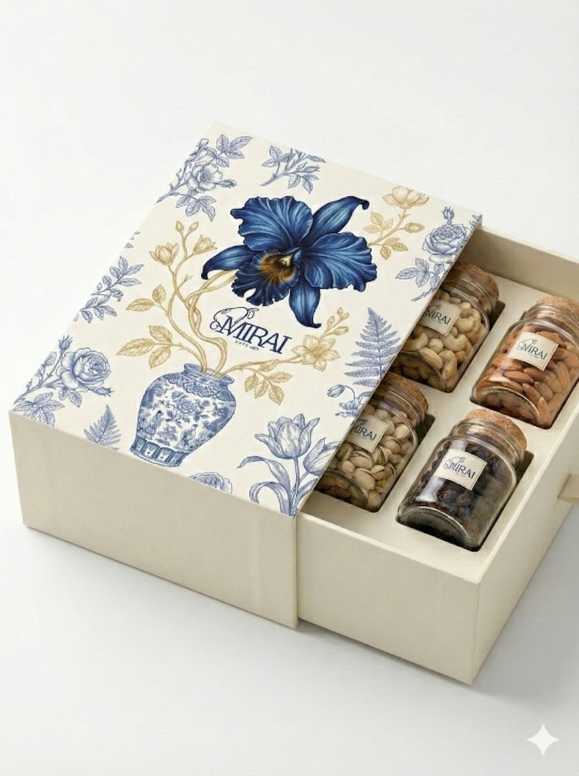 The gift box open, showing its four glass jars